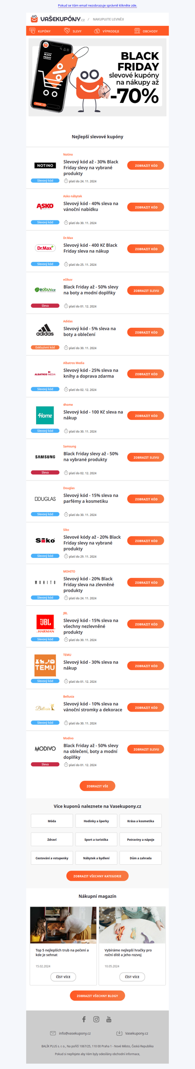 Black Friday kupóny od Eobuv - 50% | Drmax - 400 Kč | Notino - 30% | Asko - 40% | Samsung - 50% | Siko - 20% | Mohito - 20% | Bellusia - 10% a další