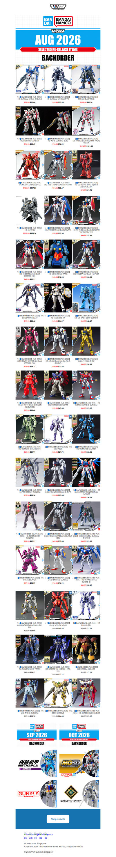 【𝐆𝐔𝐍𝐃𝐀𝐌 𝐁𝐀𝐂𝐊𝐎𝐑𝐃𝐄𝐑 SALE 𝐈𝐍𝐅𝐎】🔷 BANDAI COMING AUG-2026 GUNPLA RE-RELEASE INFO | VCA Gundam Singapore