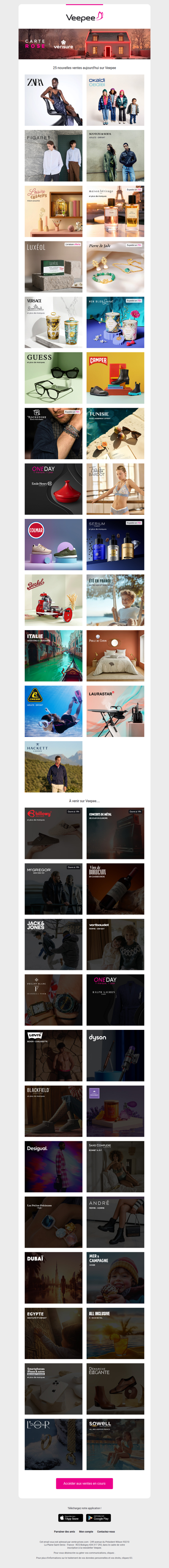 Bonjour, aujourd'hui Zara, Okaïdi, Figaret et 22 autres ventes sur Veepee