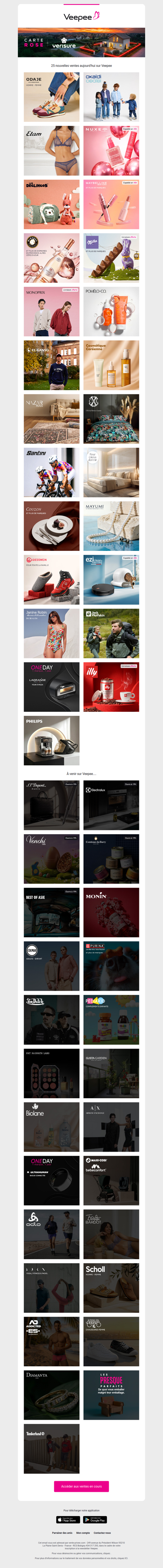 Bonjour, aujourd'hui Odaje (ex M.Moustache), Okaïdi, Etam et 22 autres ventes sur Veepee