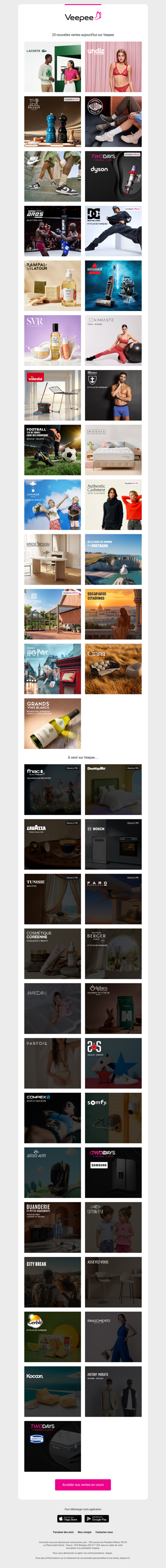 Aujourd'hui : Lacoste, Undiz, Peugeot Saveurs et 22 autres ventes sur Veepee