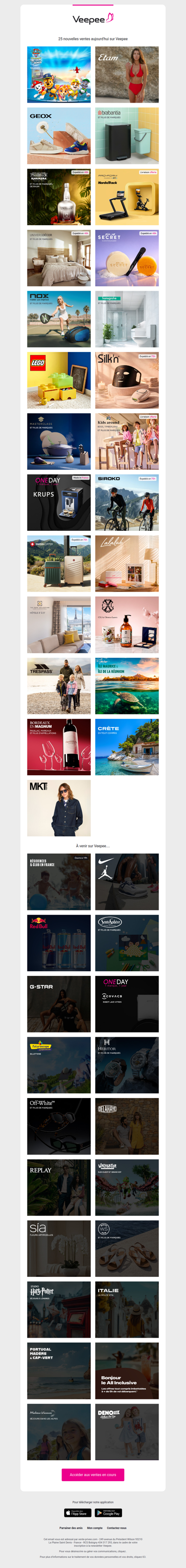 Aujourd'hui : France Billet, Etam, Geox et 22 autres ventes sur Veepee