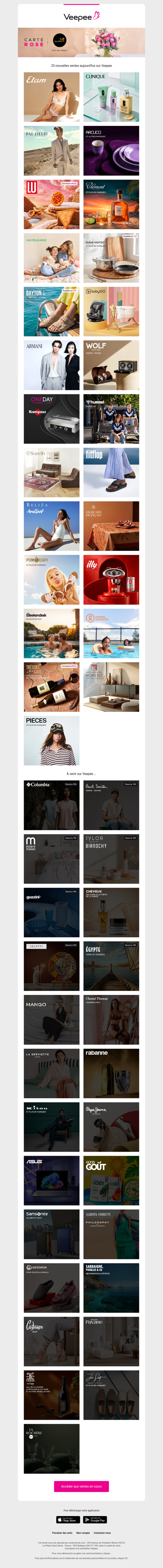 Bonjour, aujourd'hui Etam, Clinique, Pal Zileri et 22 autres ventes sur Veepee