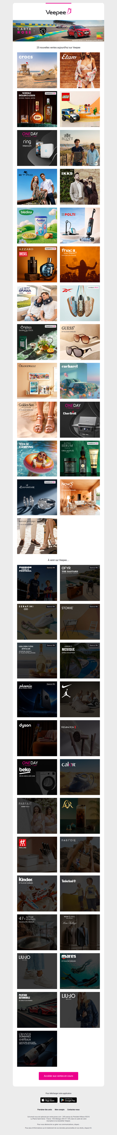 Bonjour, aujourd'hui Crocs, Etam, Whiskies dégustation et 22 autres ventes sur Veepee