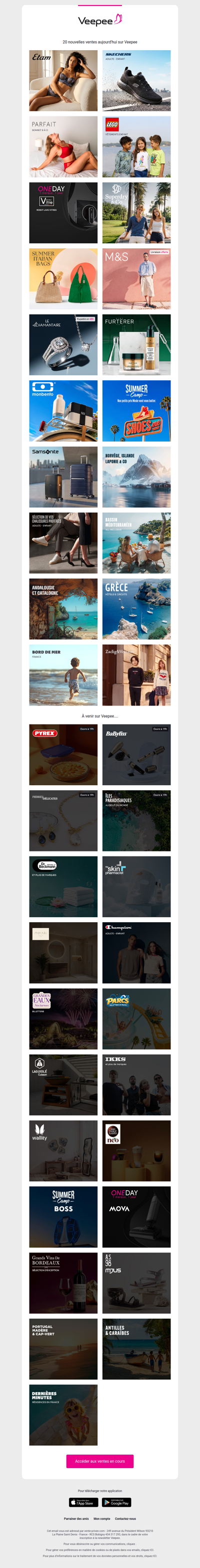 Bonjour, aujourd'hui Etam, Skechers, Parfait Lingerie et 17 autres ventes sur Veepee