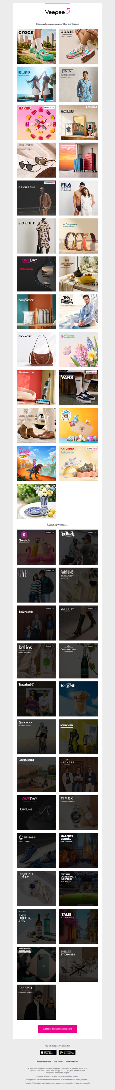 Bonjour, aujourd'hui Crocs, Odaje (ex M.Moustache), Hollister et 22 autres ventes sur Veepee