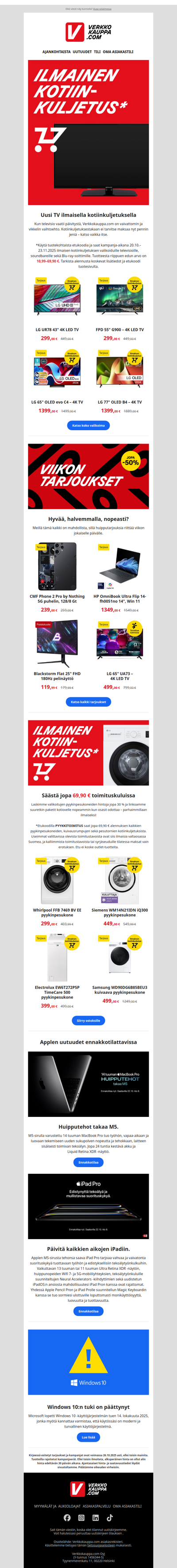 Ilmainen kotiinkuljetus telkkareille ja pyykinpesukoneille* 🚚