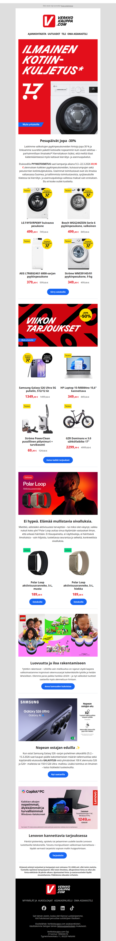Pesukoneet jopa -30% ja ilmainen kotiinkuljetus*