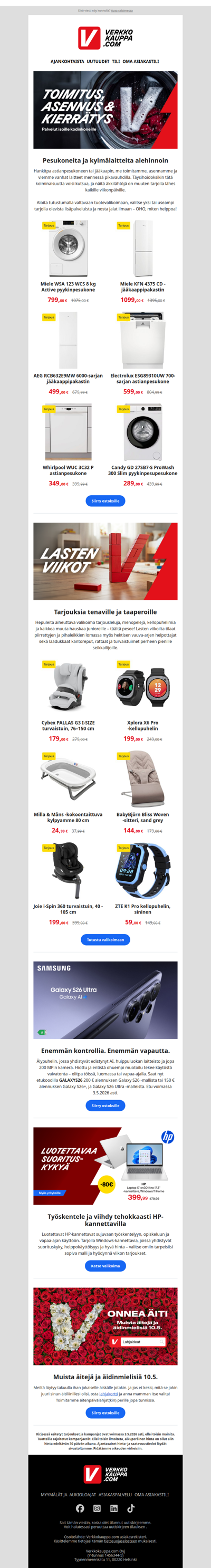 Pesukoneita ja kylmälaitteita alehinnoin