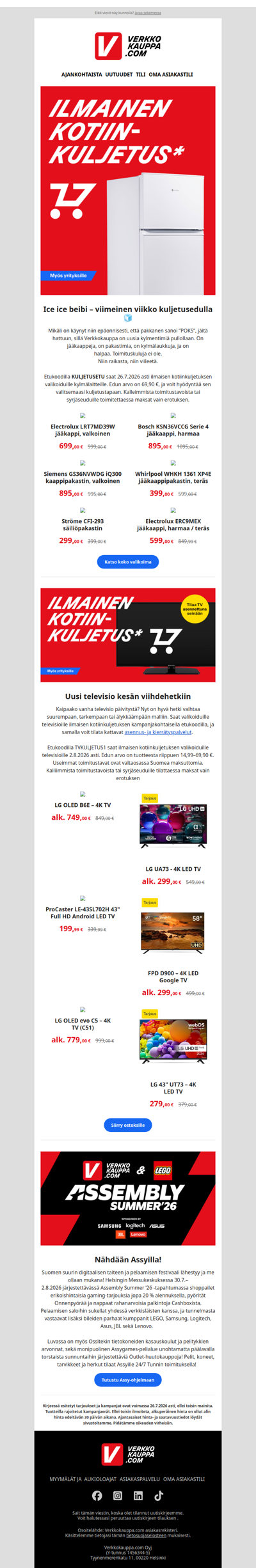 Kylmälaitteille ja televisioille toimitus 0 € 🚚