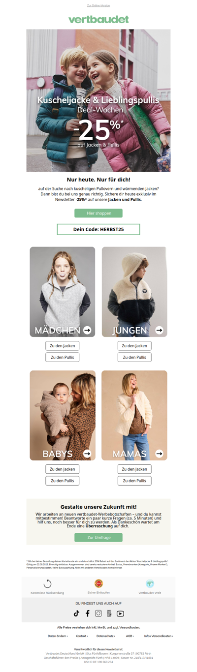 Exklusiv im Newsletter: -25% auf Jacken & Pullis