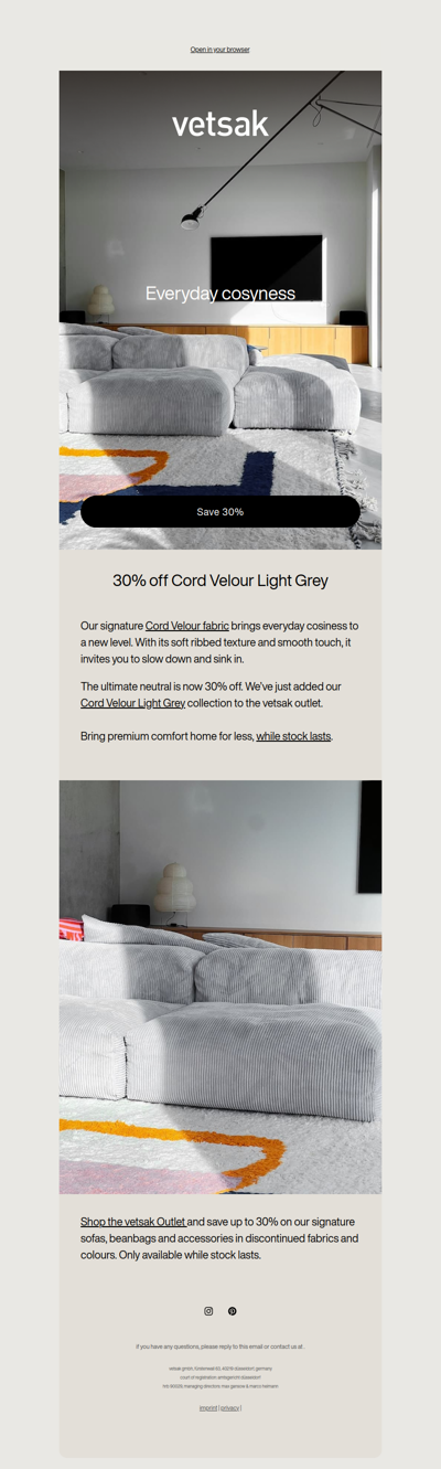 30% off Cord Velour Light Grey.