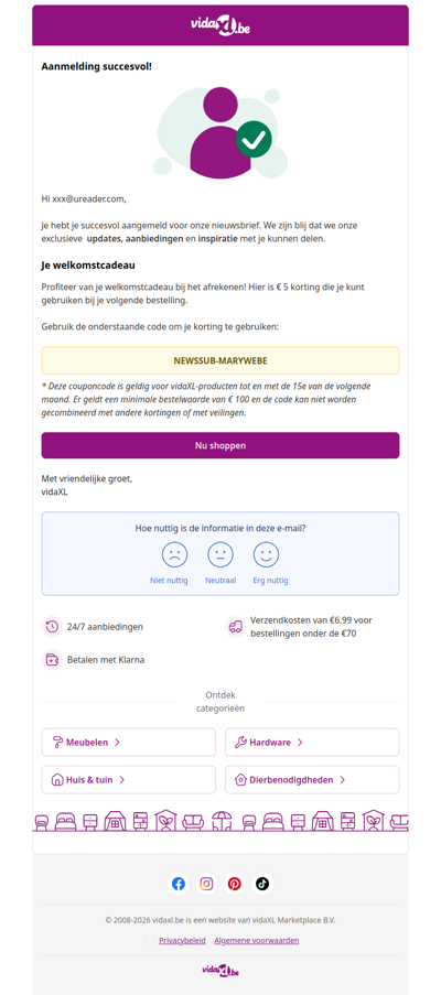 Je bent geabonneerd! 🎉 Hier is je korting van € 5