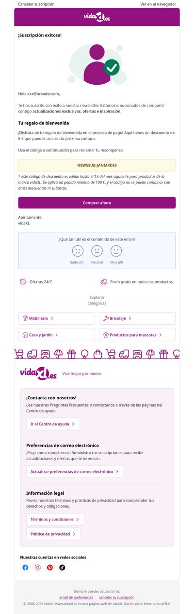 ¡Estás suscrito! 🎉 Aquí tienes tu descuento de 5 €