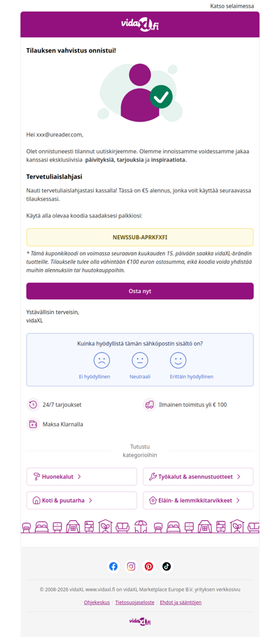 Olet tilannut! 🎉 Tässä on €5 alennuksesi