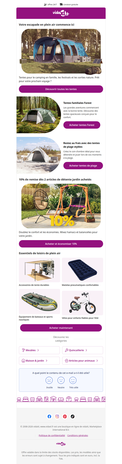 Découvrez nos nouvelles tentes + 10% de remise sur les balancelles dès 2 achetées ☀️