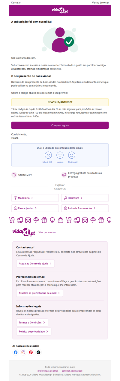 Você está inscrito! 🎉 Aqui está o seu desconto de 5 €