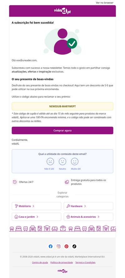 Você está inscrito! 🎉 Aqui está o seu desconto de 5 €