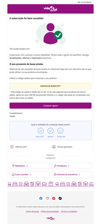 Você está inscrito! 🎉 Aqui está o seu desconto de 5 €