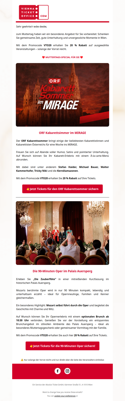 ❤️Muttertags-Special: 20 % Rabatt auf besondere Erlebnisse in Wien❤️
