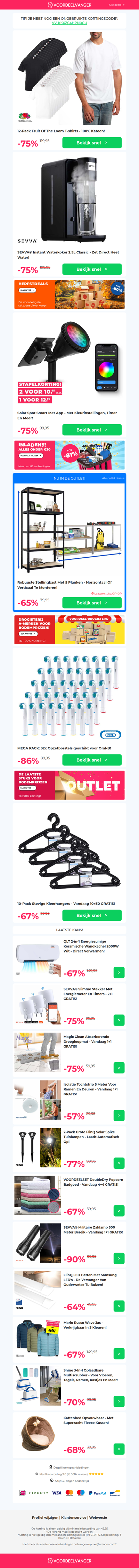 💥 PRIJSKNALLER: 12x Fruit of the Loom T-Shirts -75% / Instant Waterkoker / Solar Spot / Opzetborstels Voor Oral-B / Kleerhangers