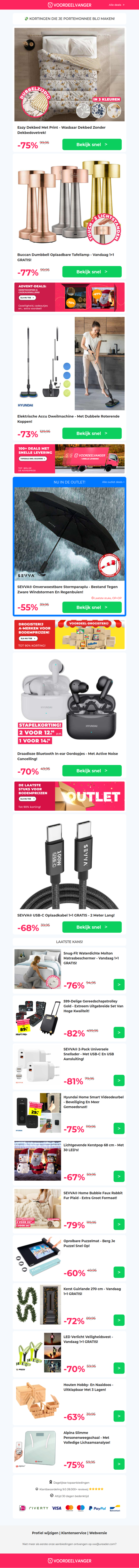 -75% Korting: Eazy Dekbed Met Print (Dubbelzijdig!) / Draadloze Tafellamp 1+1 / Accu Dweilmachine / Draadloze Oordopjes / SEVVA Oplaadkabel