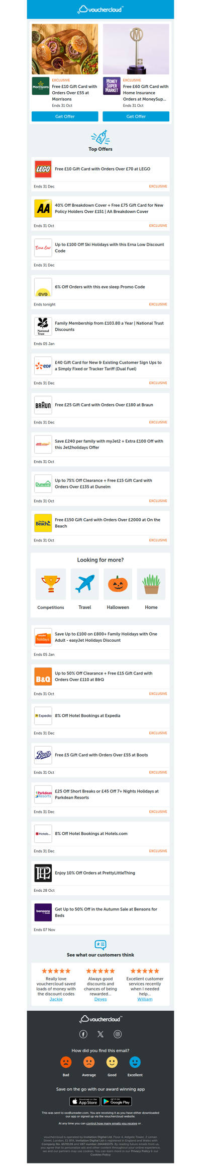 Morrisons  - £10 gift card  • LEGO - £10 gift card • Bensons for Beds - up to 50% off + more!