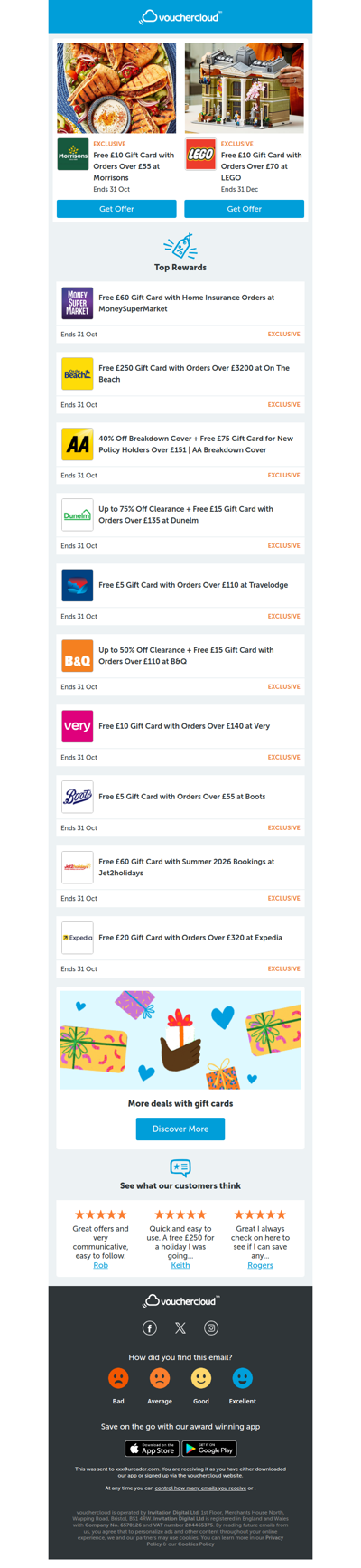 Get gift cards with your shop! LEGO - £10 gift card • Morrisons - £10 gift card • MoneySuperMarket - £60 gift card + more!