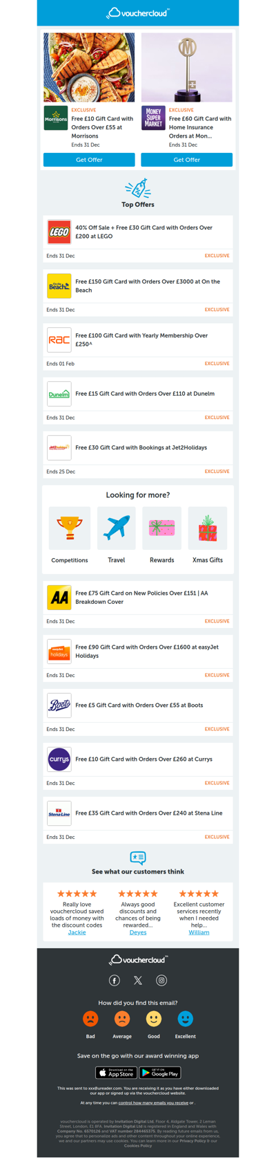 Get gift cards with your shop! Morrisons - £10 gift card • MoneySuperMarket - £60 gift card • LEGO - £30 gift card + more!