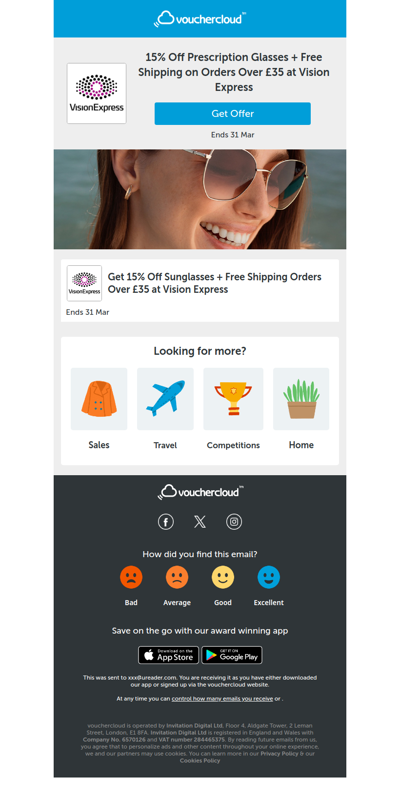 15% off + free delivery at Vision Express