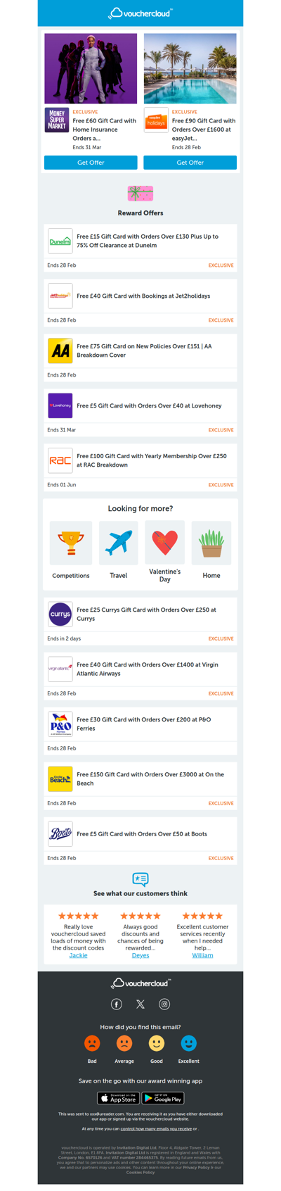 Get gift cards with your shop! 🛍️ MoneySuperMarket - £60 gift card • Jet2olidays - £40 gift card • AA Breakdown - £75 gift card + more!