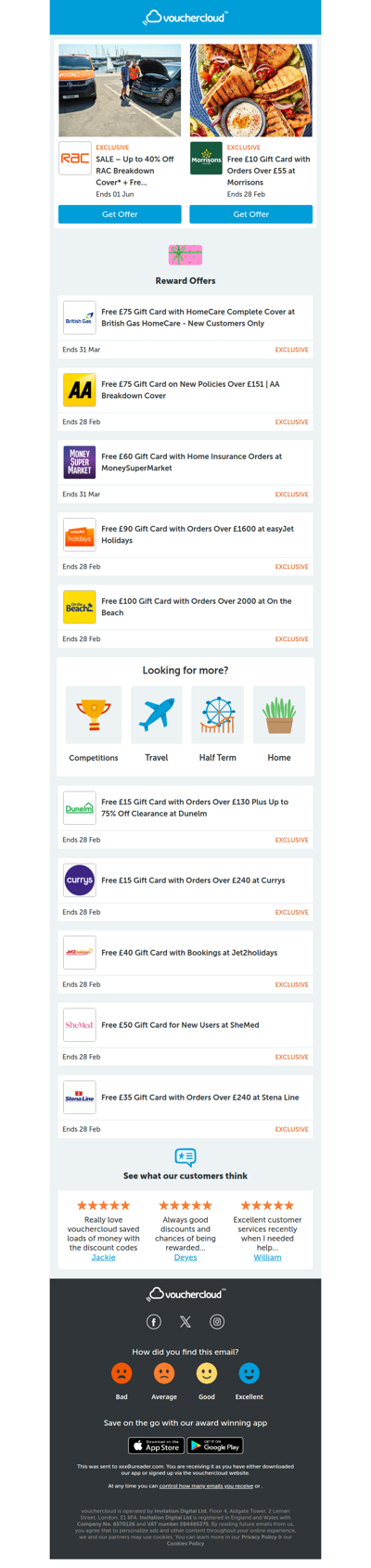 Grab your gift cards while you shop! 🎁 RAC Breakdown - £100 gift card • Morrisons - £10 gift card • On the Beach - £100 gift card + more!