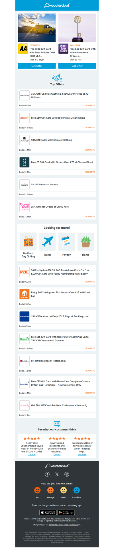 AA Breakdown - £100 gift card • MoneySuperMarket - £60 gift card • Hotels.com - 8% off  + more!