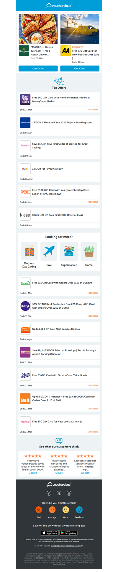 Morrisons - £15 off • Booking.com - 15% off • eBay - 15% off  + more!