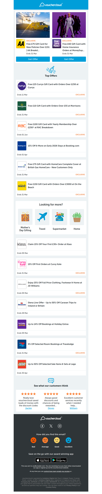 AA Breakdown - £75 gift card • Currys - £25 gift card • LEGO - 50% off  + more!