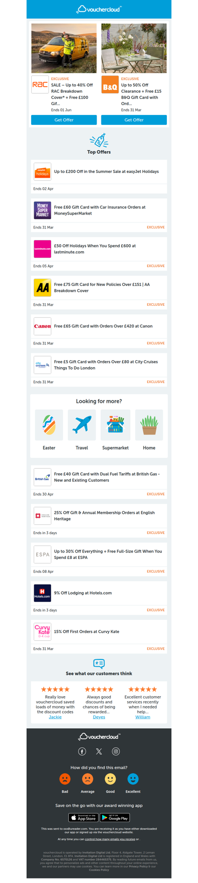 RAC Breakdown - 40% off • easyJet Holidays - £200 off • B&Q - £15 gift card + more!