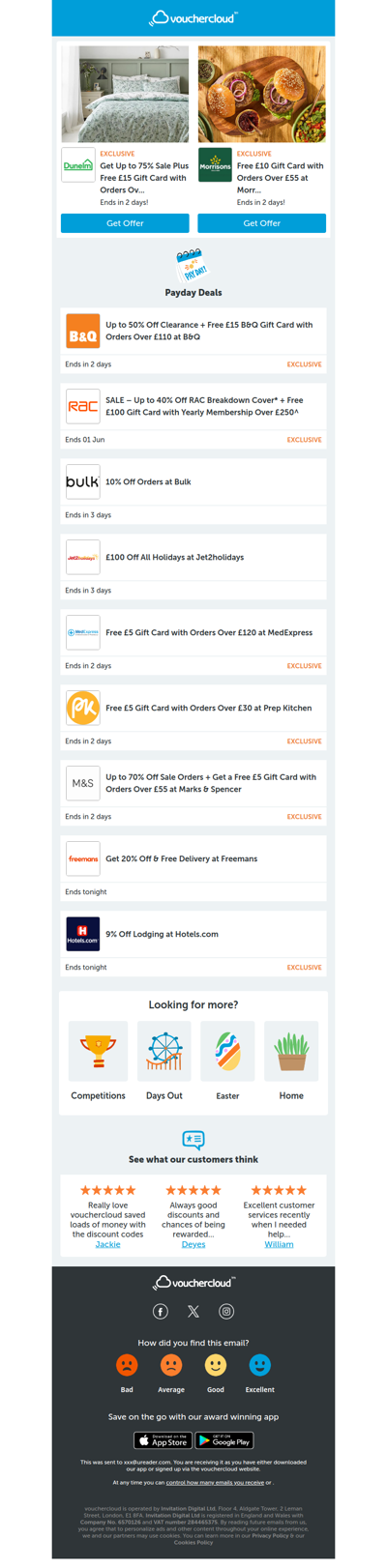 Payday deals 💵 Dunelm - £15 gift card • Marks & Spencer - £5 gift card • Bulk - 10% off + more!