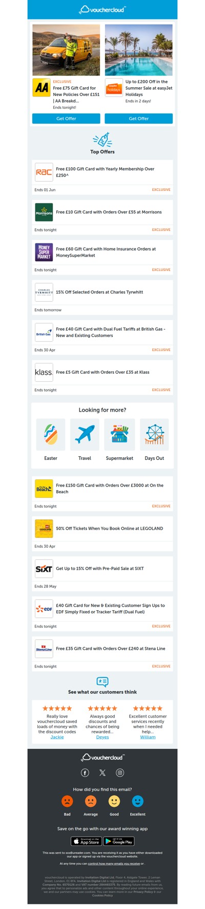 AA Breakdown - £75 gift card • easyJet Holidays - £200 off • RAC - £100 gift card + more!