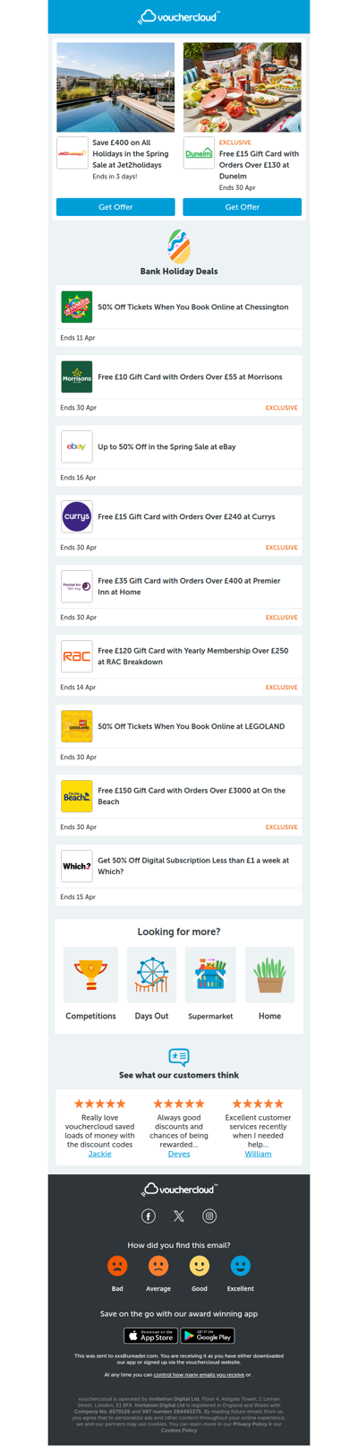 Bank holiday deals 🙌 Jet2holidays - £400 off • Morrisons - £10 gift card • Dunelm - £15 gift card + more!