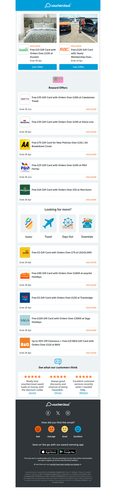 Top Easter Monday rewards 🐰 Dunelm - £15 gift card • RAC Breakdown - £120 gift card • Stena Line - £35 gift card + more!