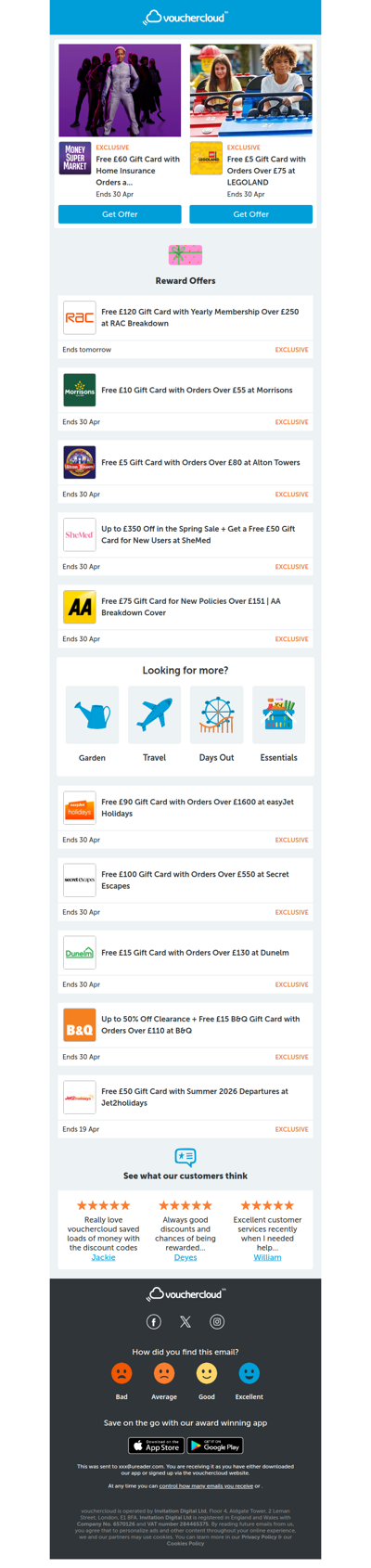 Get gift cards with your shop! RAC - £120 gift card • Secret Escapes - £100 gift card • MoneySuperMarket - £60 gift card + more!