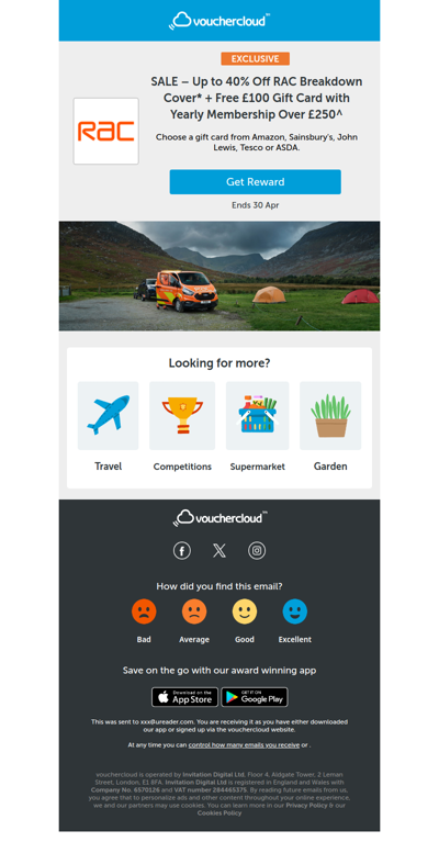Up to 40% off + a £100 gift card at RAC Breakdown