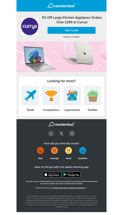 5% off large appliances at Currys