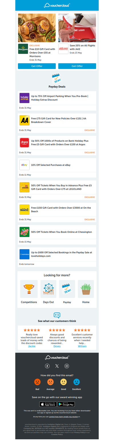 Payday deals 💵 Morrisons - £10 gift card • Argos - 50% off • Jet2 - 20% off + more!