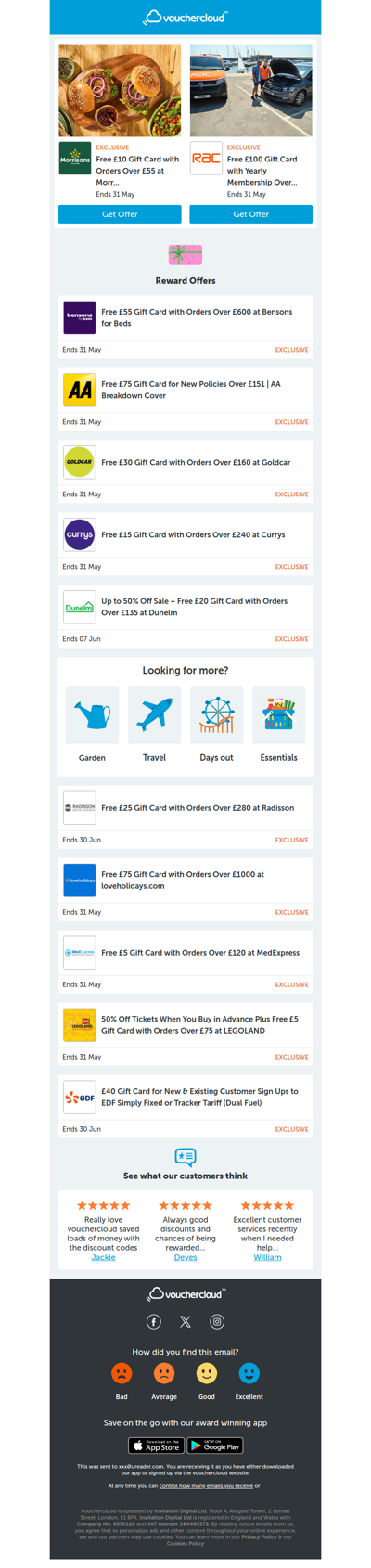 Bank Holiday rewards ☀️ RAC Breakdown - £100 gift card • Dunelm - £20 gift card • Morrisons - £10 gift card + more!