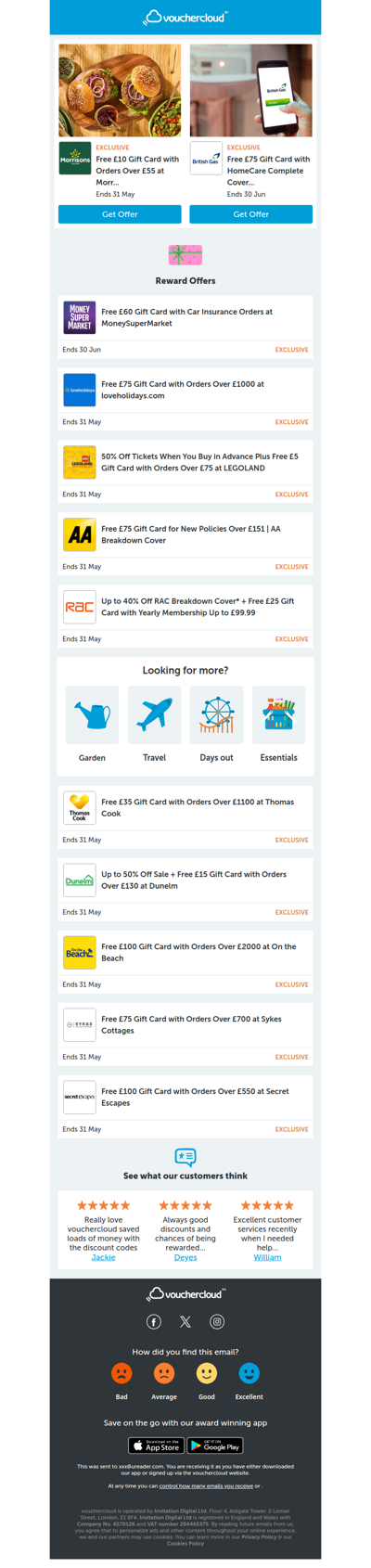 Top rewards 💰 RAC Breakdown - £25 gift card • loveholidays.com - £75 gift card • LEGOLAND - £5 gift card + more!