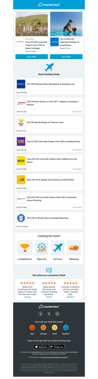 Long weekend deals! loveholidays.com - £550 off • Sykes Cottages - £75 gift card • Booking.com - 15% off + more!