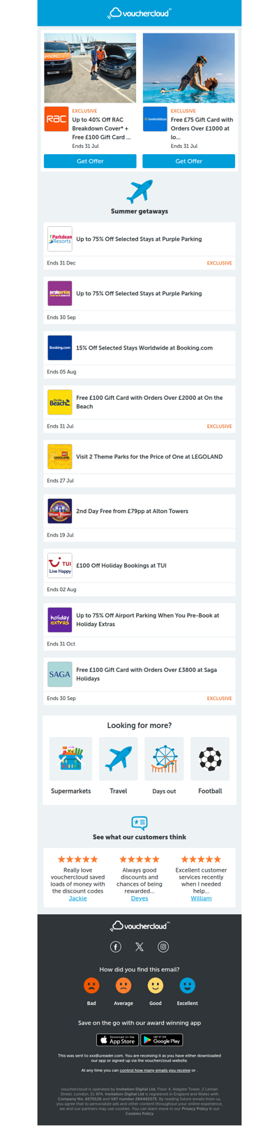 Purple Parking - up to 75% off • Booking.com - 15% off • On the Beach - £100 gift card + more!