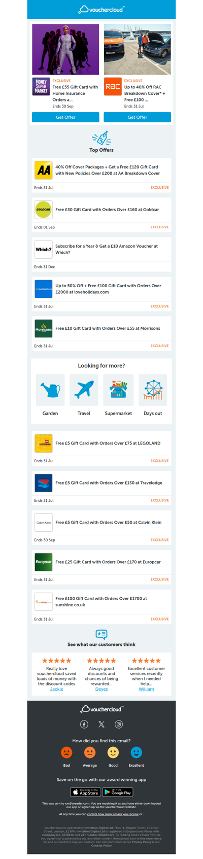 LEGOLAND - £5 gift card • MoneySuperMarket - £55 gift card • RAC Breakdown - £100 gift card + more!