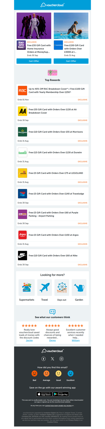 Gift cards on us! Morrisons - £10 gift card • RAC Breakdown - £100 gift card • Argos - £5 gift card + more!